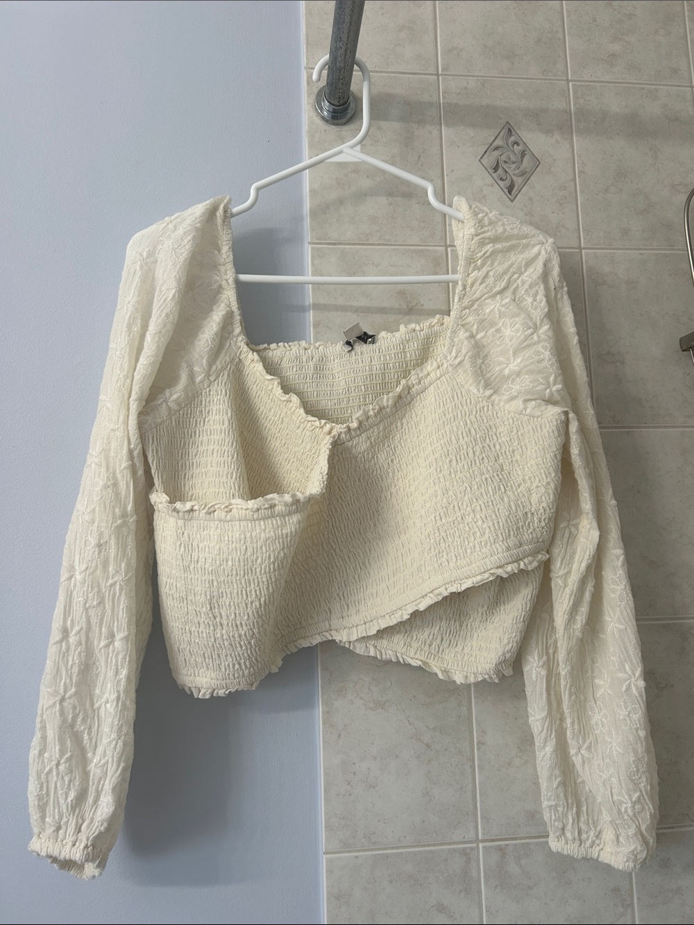 American Eagle Outfitters Ivory Smocked Cropped Long-Sleeve Top